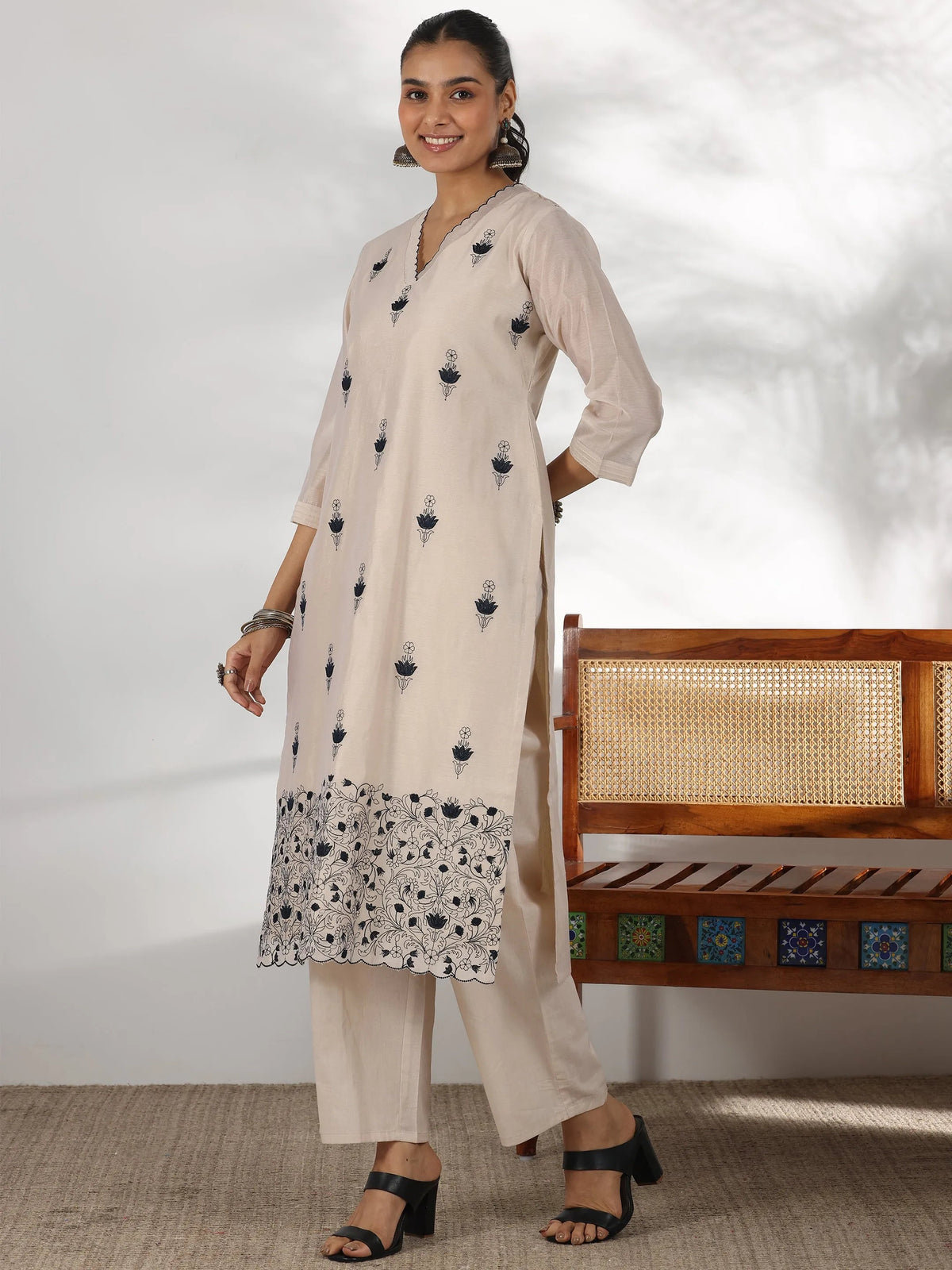 Anouk Beige Embroidered Chanderi Silk Straight Suit With Dupatta