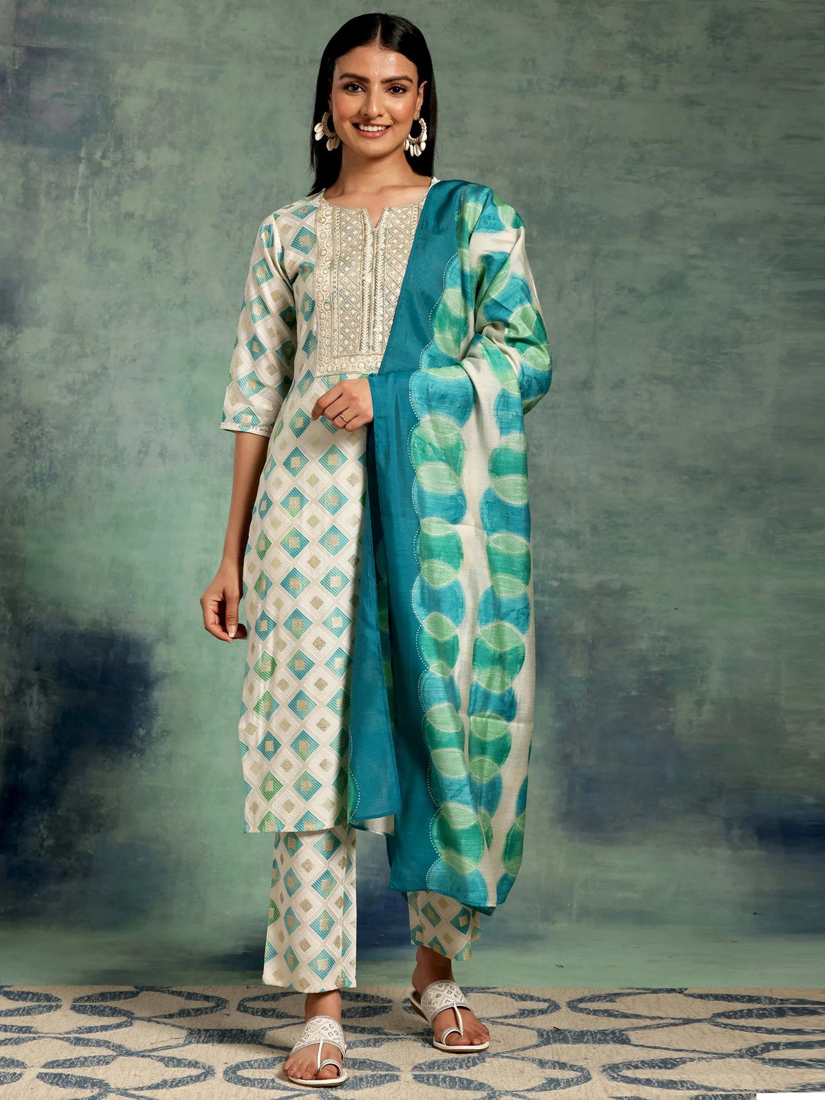 Anouk Off White Printed Silk Blend Straight Suit With Dupatta