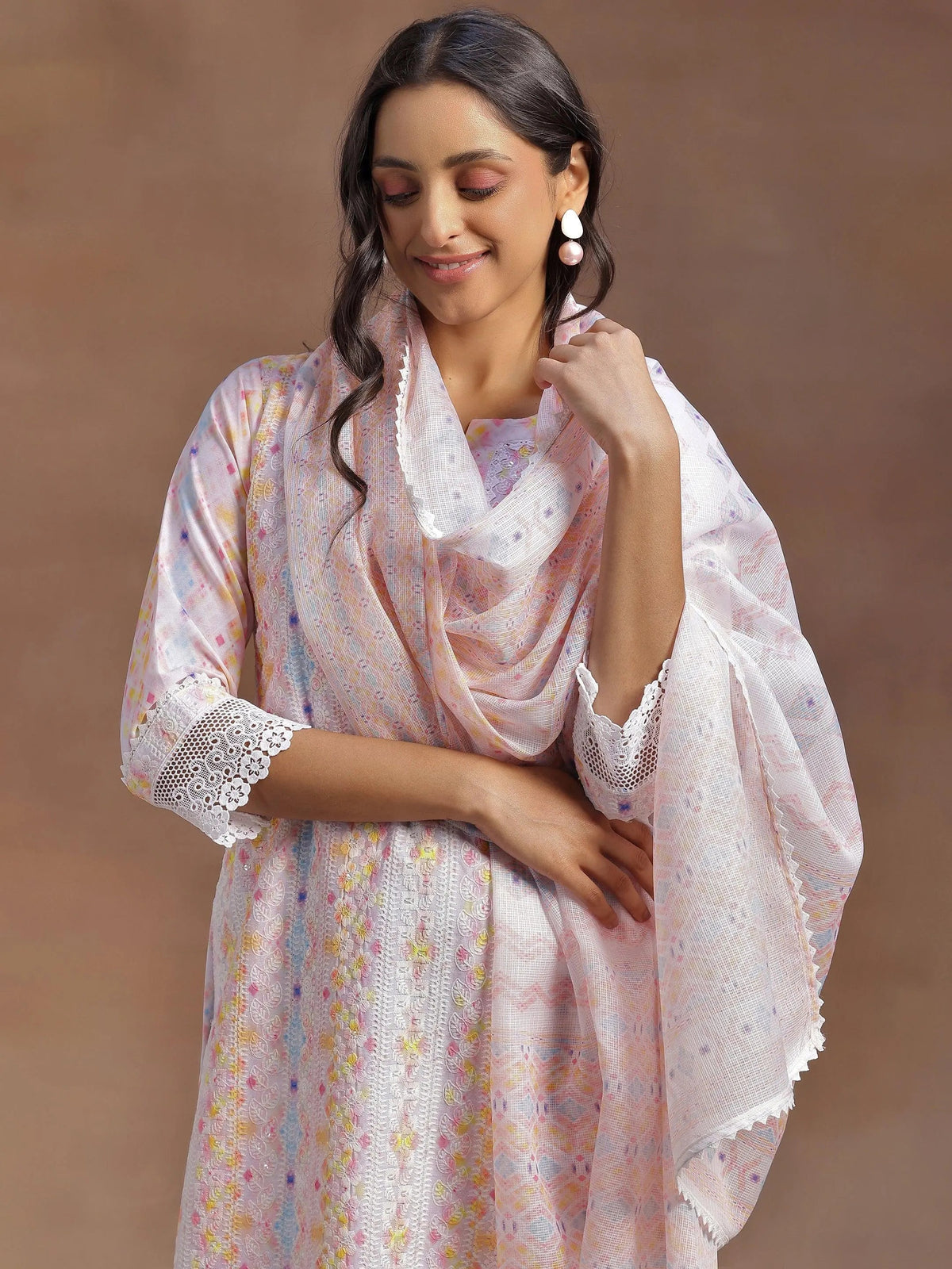 Anouk Peach Embroidered Cotton Blend Straight Suit With Dupatta