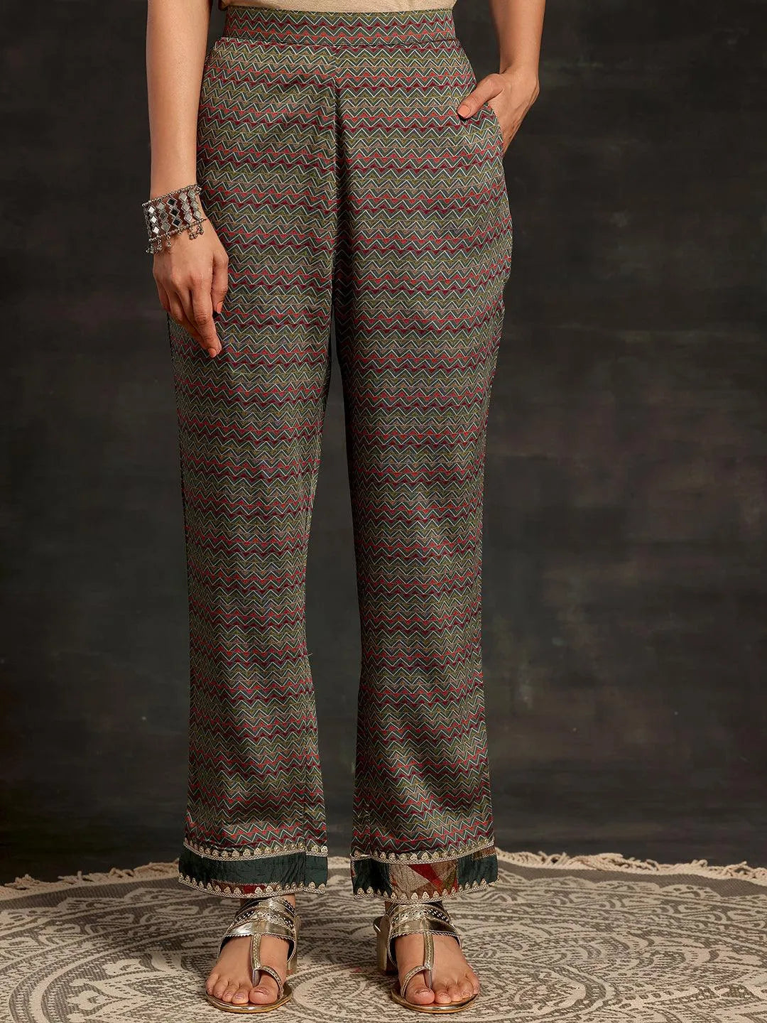 Anouk Green Printed Silk Blend Straight Suit With Dupatta