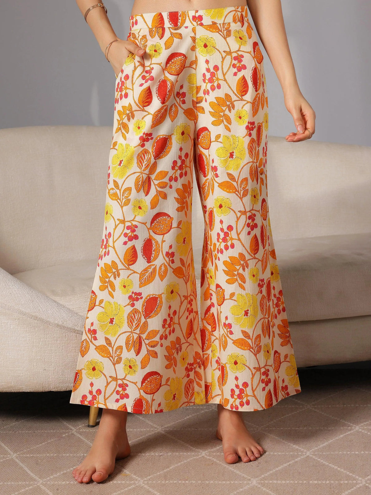 Anouk Yellow Printed Cotton Night Suits
