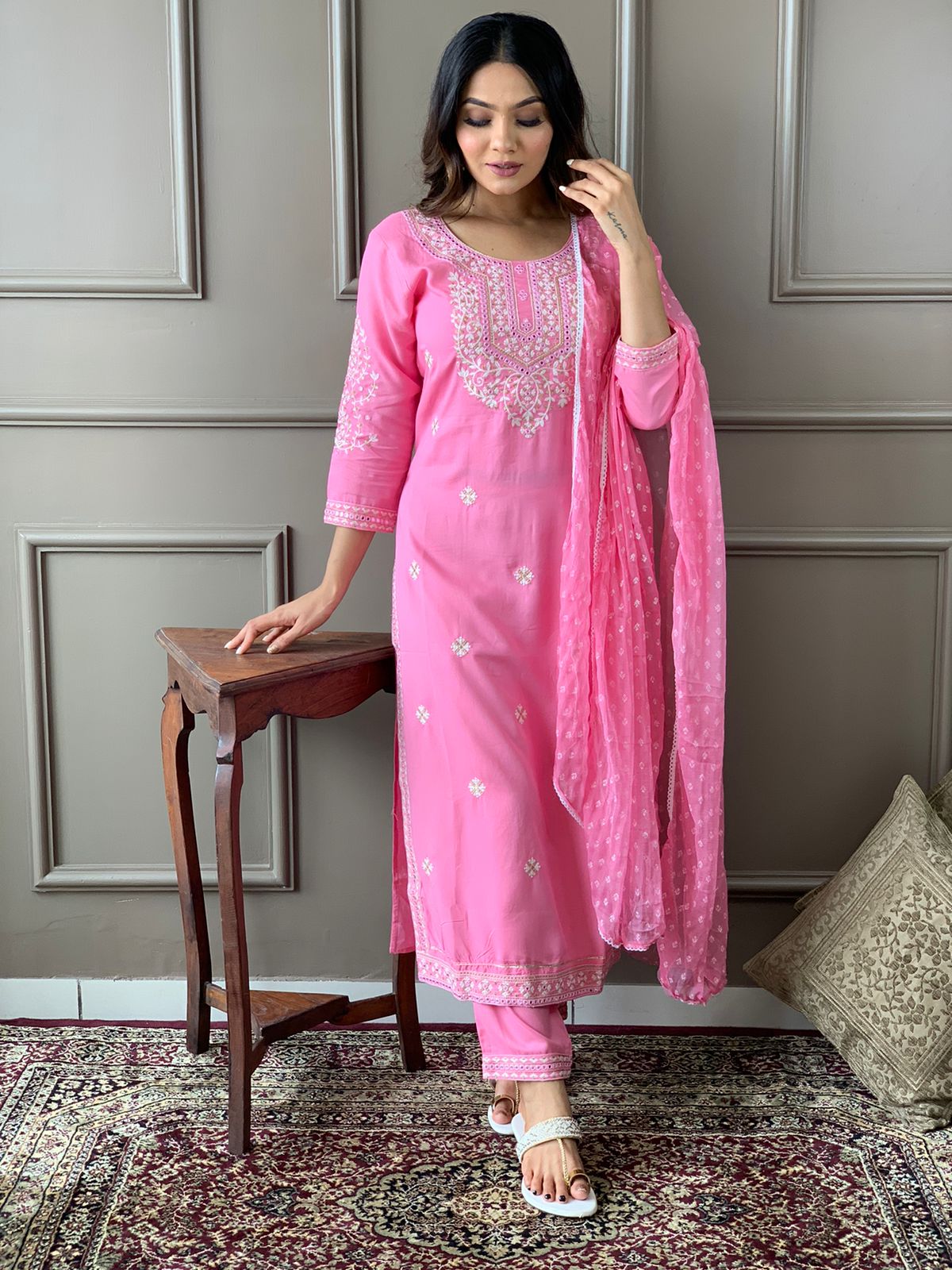 Baby Pink Rayon Embroidered Kurta with Pant and Dupatta Set