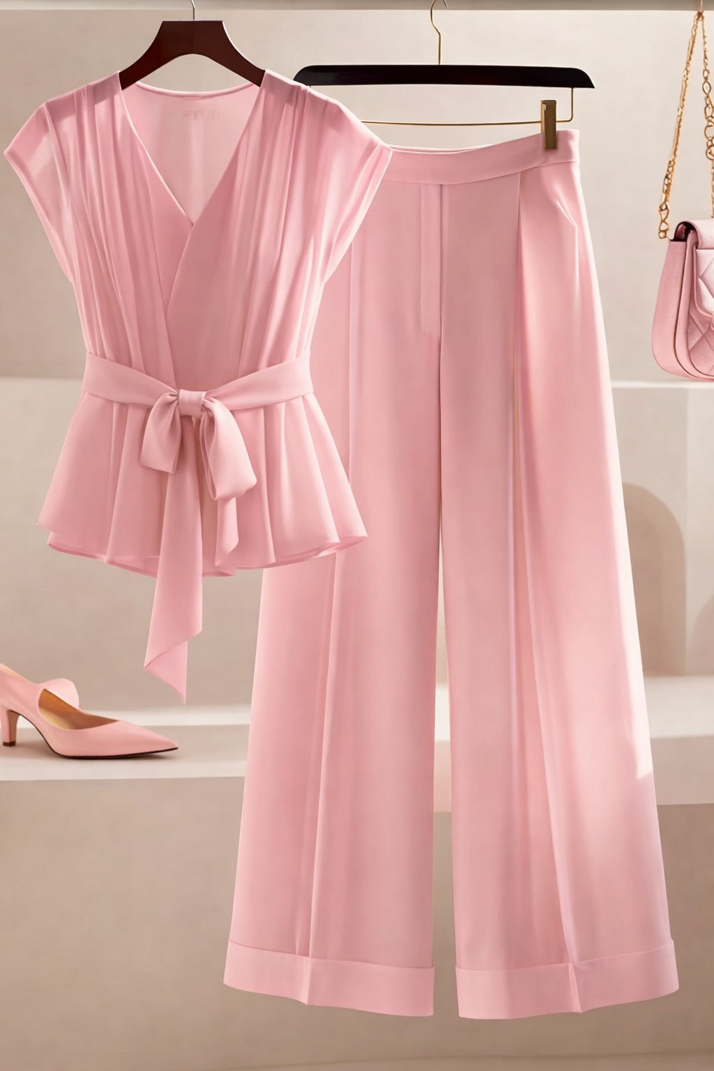 Summer French Solid Two-Piece Set – Elegant Women’s Top & Pants Suit