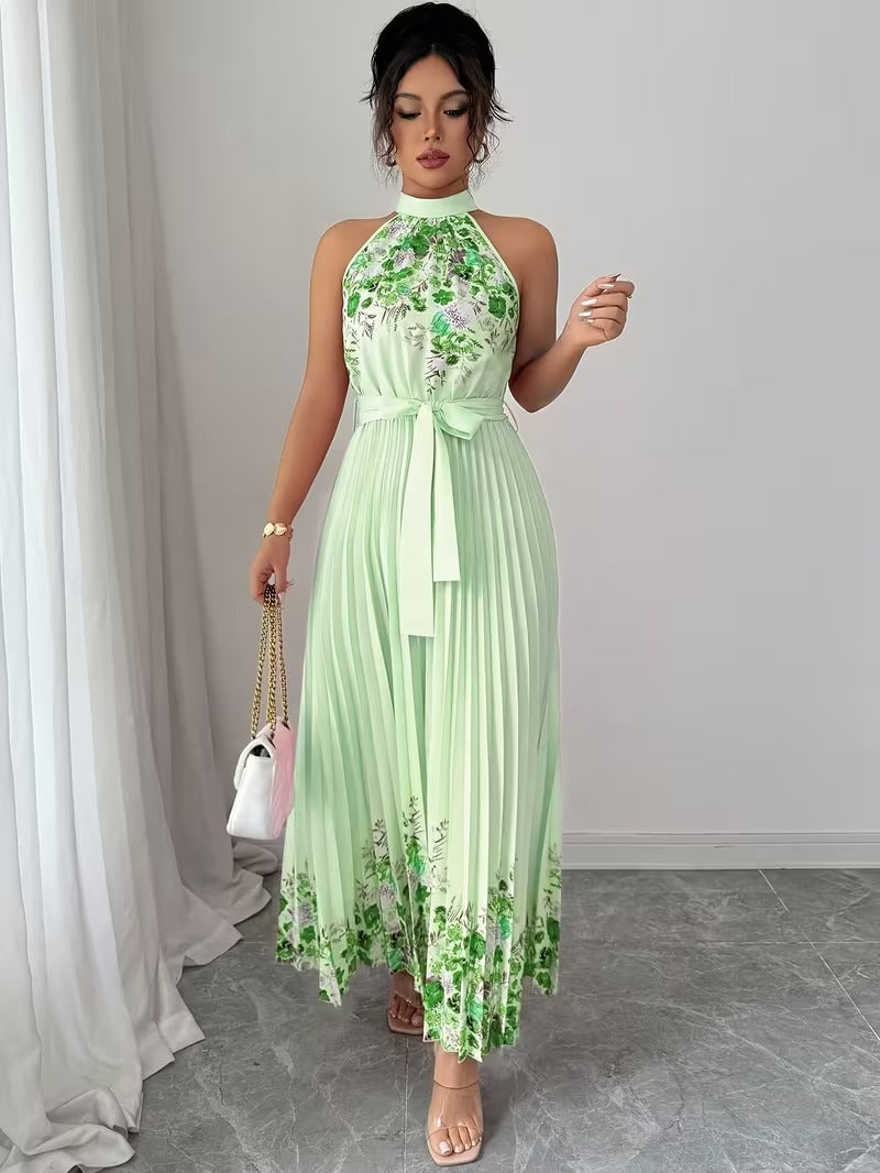 Elegant Floral Halter Neck Pleated Dress – Stylish & Comfortable Summer Outfit for Women