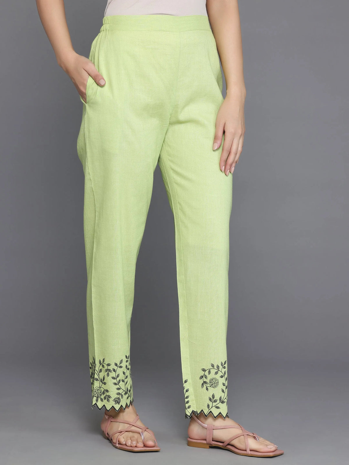 Anouk Green Woven Design Cotton Straight Suit With Dupatta