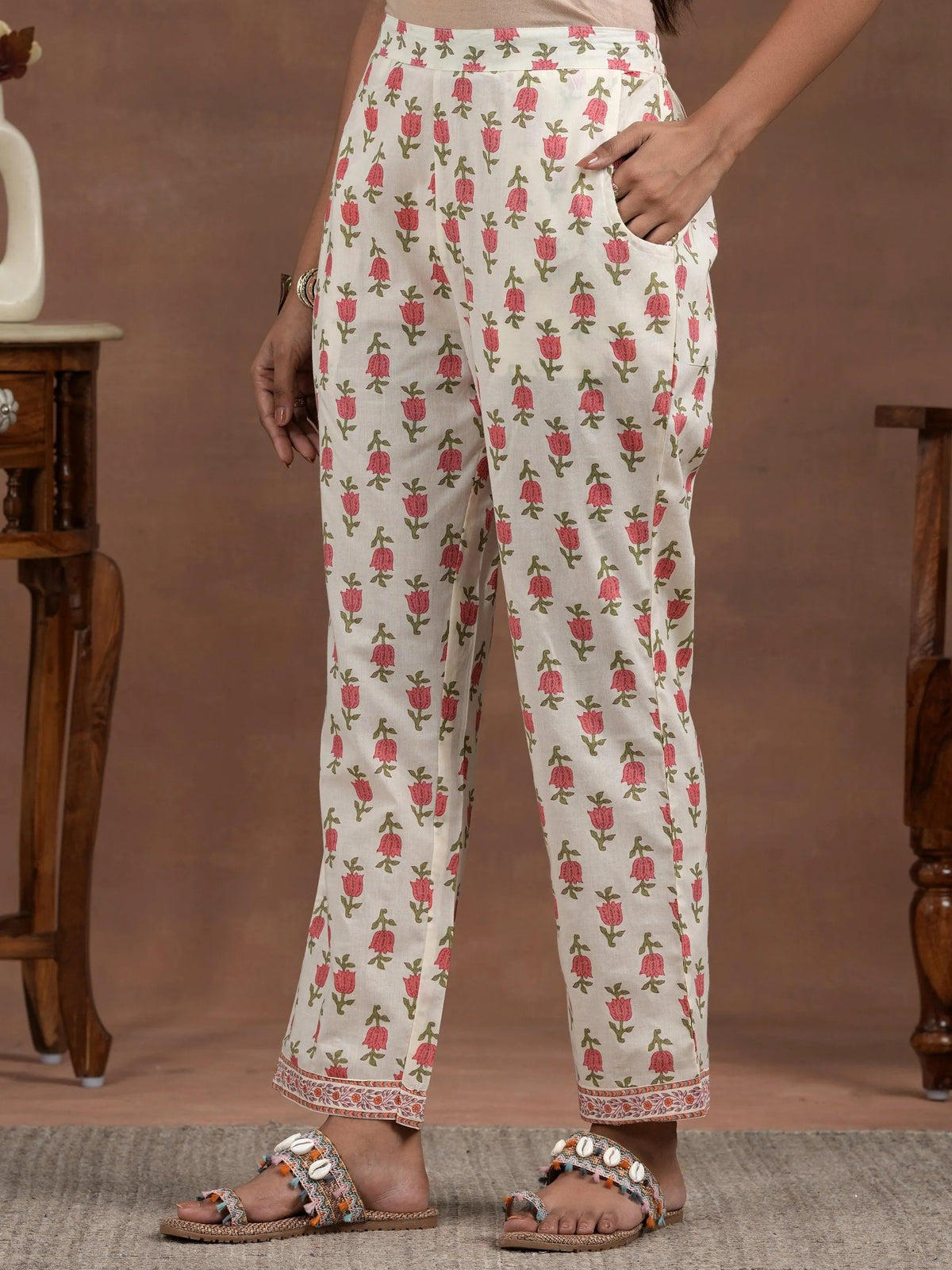 Anouk Off White Printed Cotton Straight Kurta Set