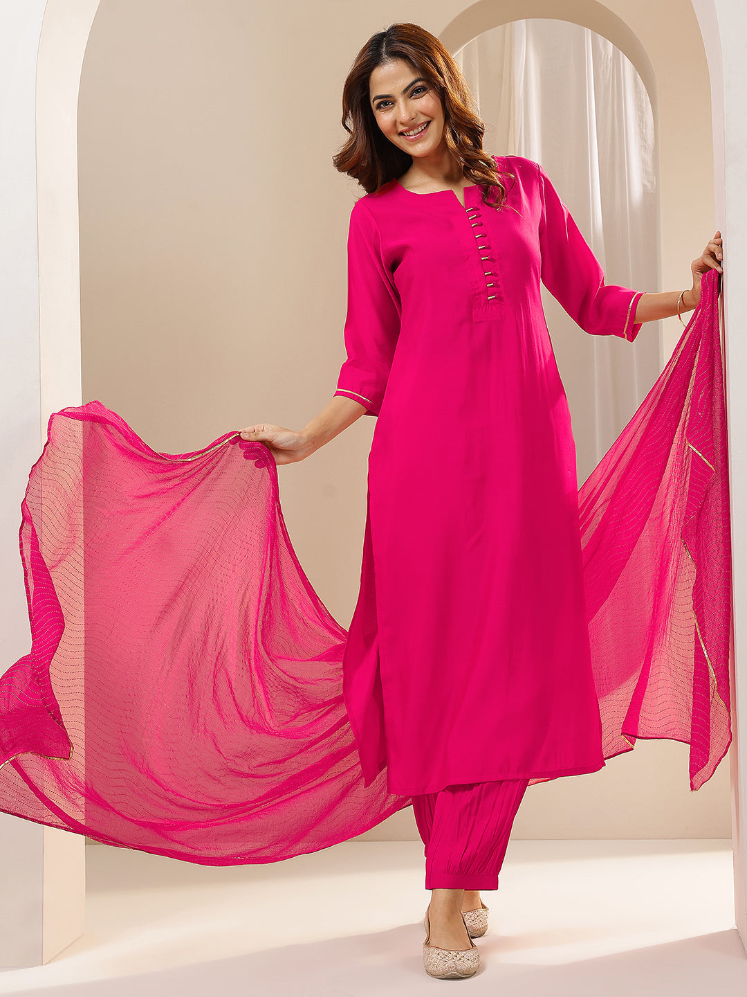 Anouk Pink Solid Silk Blend Straight Suit Sets With Dupatta