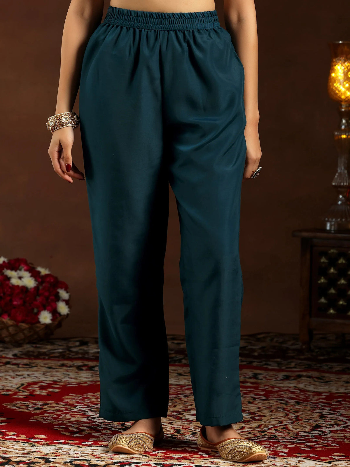 Anouk Teal Embroidered Silk Blend Straight Suit With Dupatta