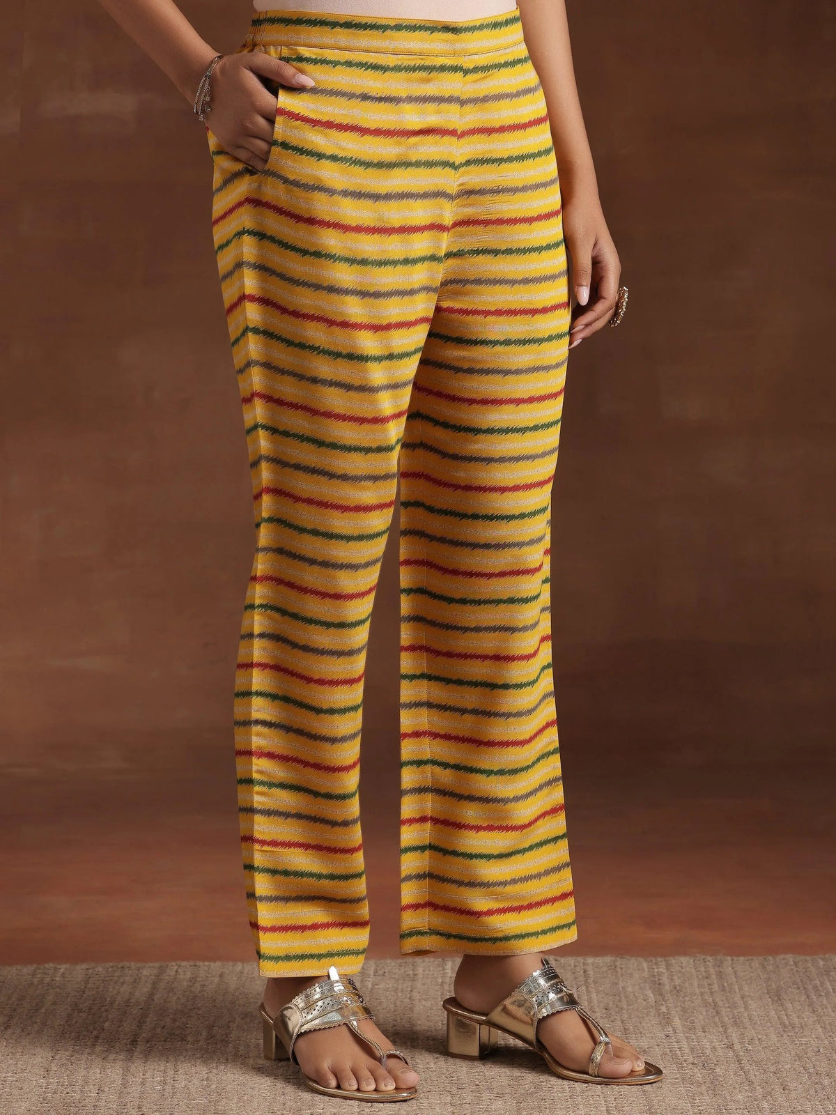 Anouk Yellow Printed Silk Blend A-Line Kurta With Trousers & Dupatta