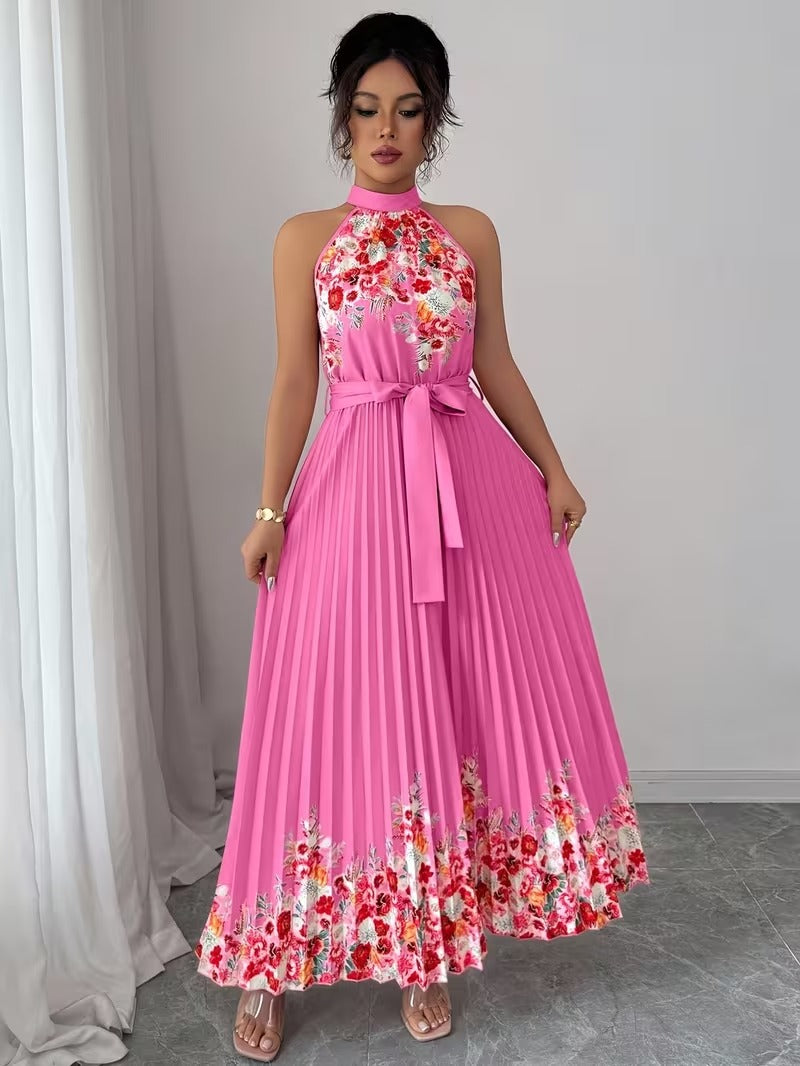 Elegant Floral Halter Neck Pleated Dress – Stylish & Comfortable Summer Outfit for Women