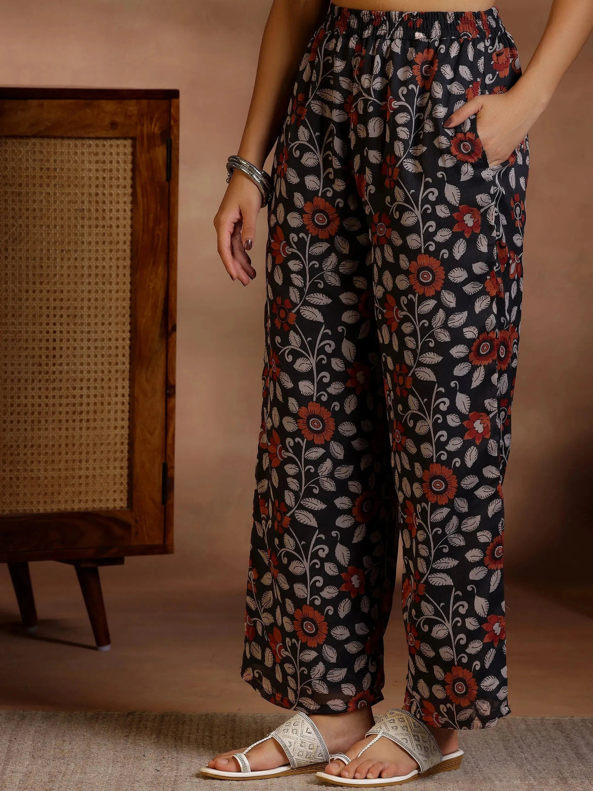 Anouk Black Printed Poly Chiffon A-Line Kurta With Palazzos & Dupatta