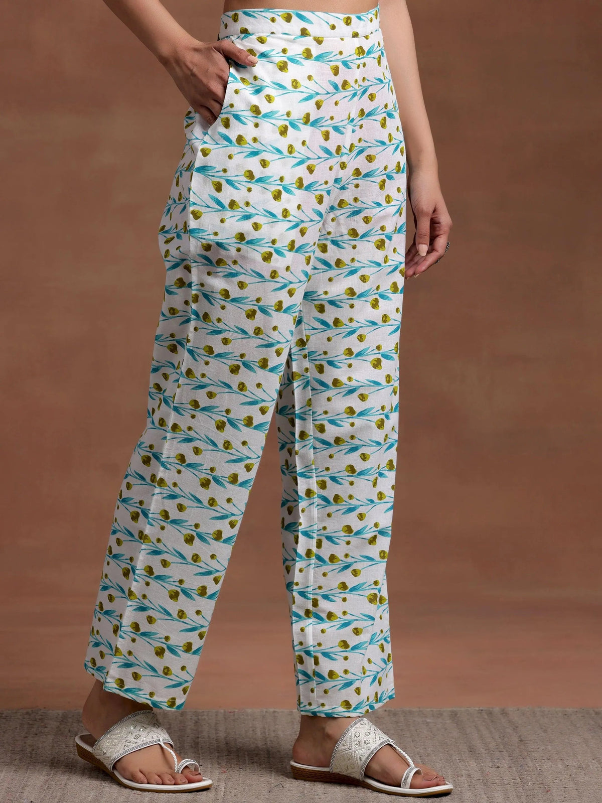 Anouk Off White Printed Cotton A-Line Kurta With Palazzos & Dupatta