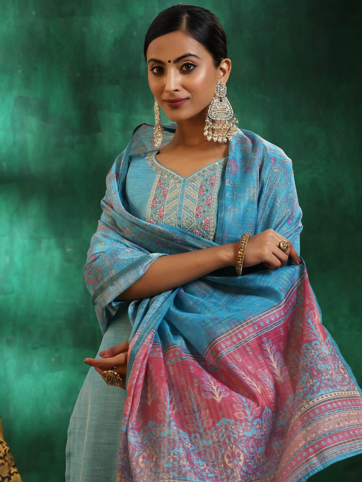 Anouk Turquoise Blue Yoke Design Silk Blend Straight Suit With Dupatta