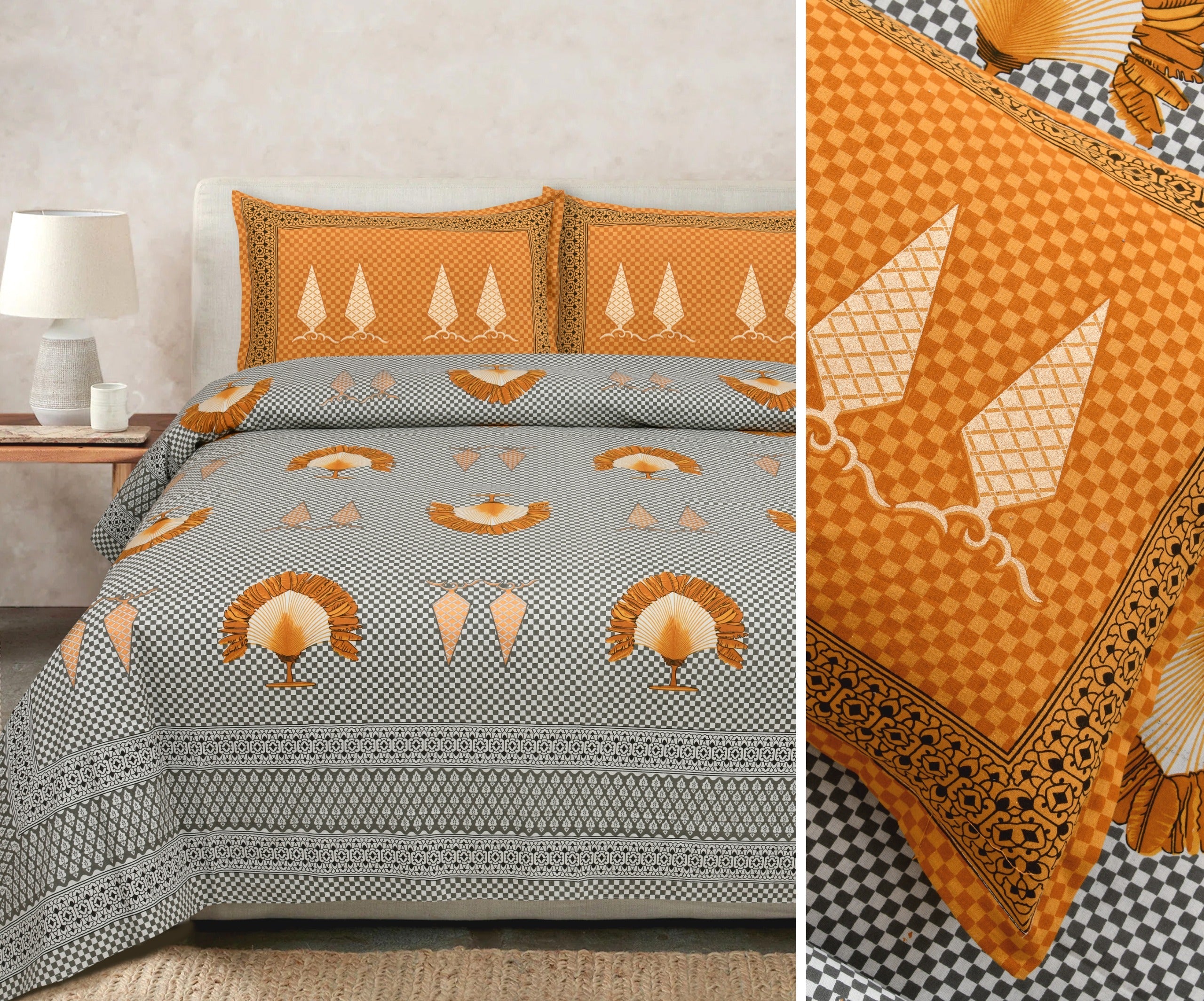 Gold-Print Cotton Bedsheet Set with Coordinated Pillow Covers