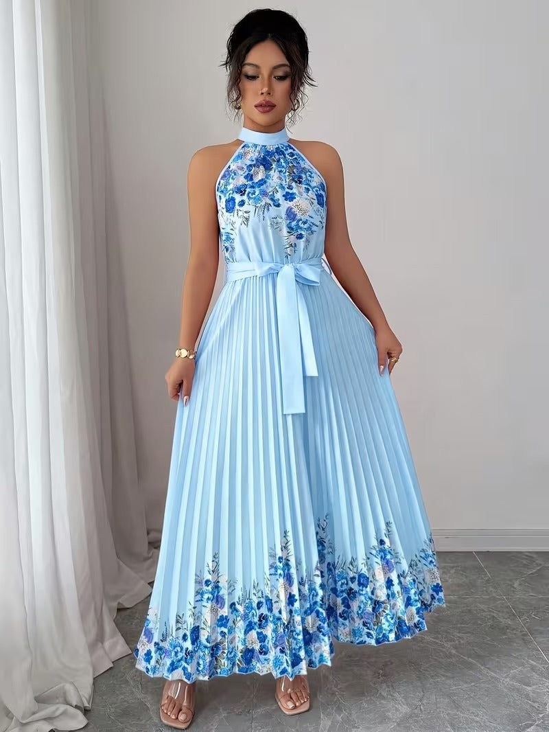 Elegant Floral Halter Neck Pleated Dress – Stylish & Comfortable Summer Outfit for Women