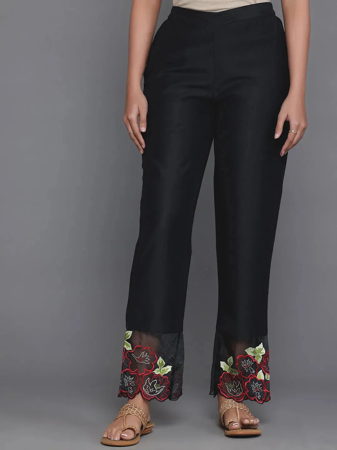 Anouk Black Solid Silk Blend Straight Suit With Dupatta