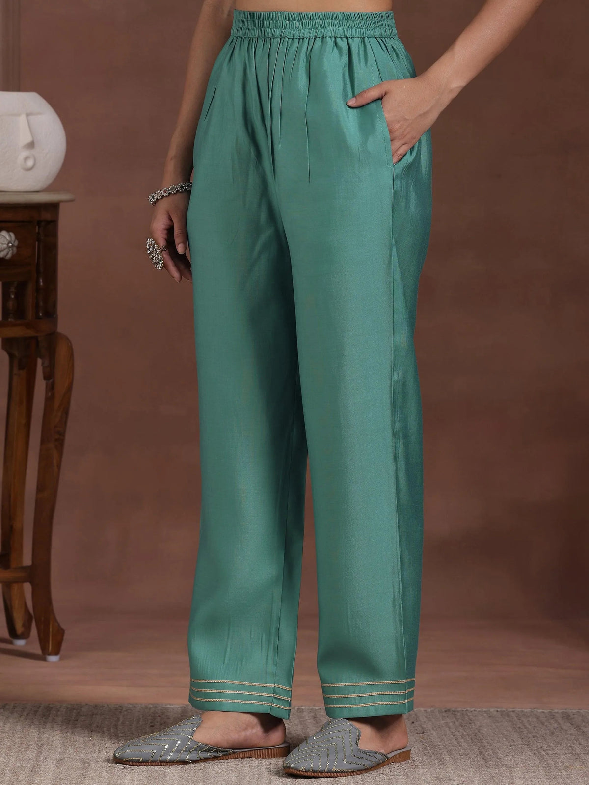 Anouk Green Yoke Design Silk Blend Straight Suit With Dupatta