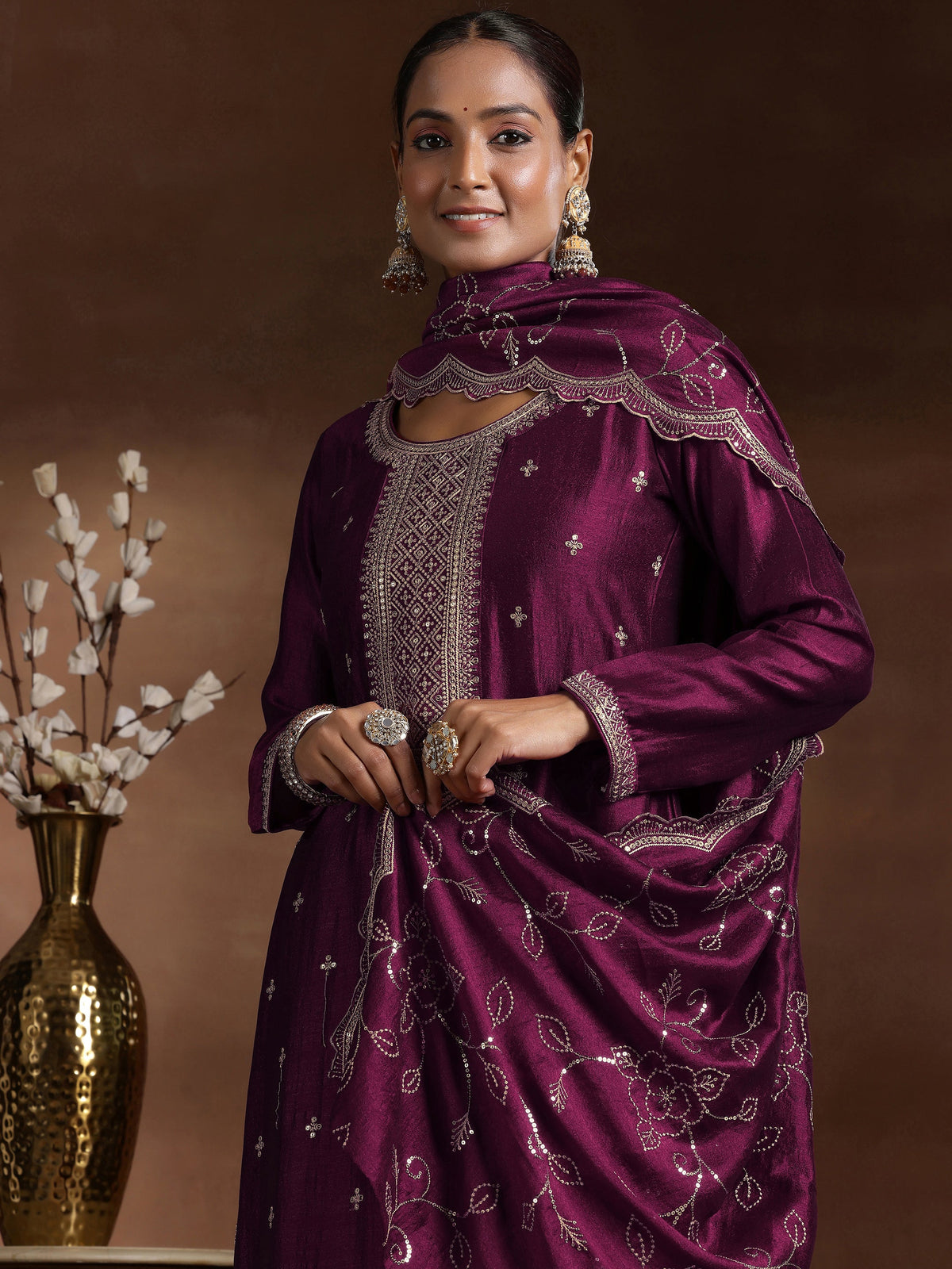 Anouk Wine Embroidered Silk Blend Straight Suit With Dupatta