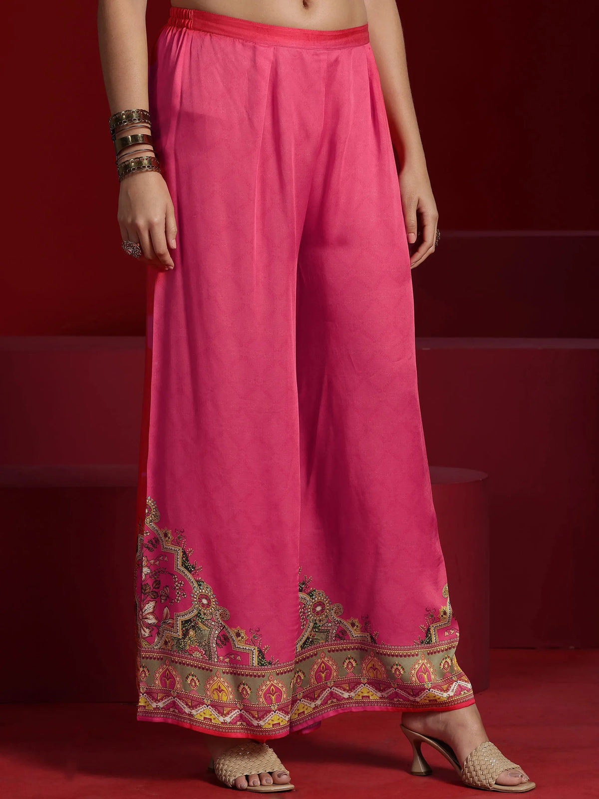 Anouk Art Coral Printed Silk Blend Kaftan Kurta With Palazzos