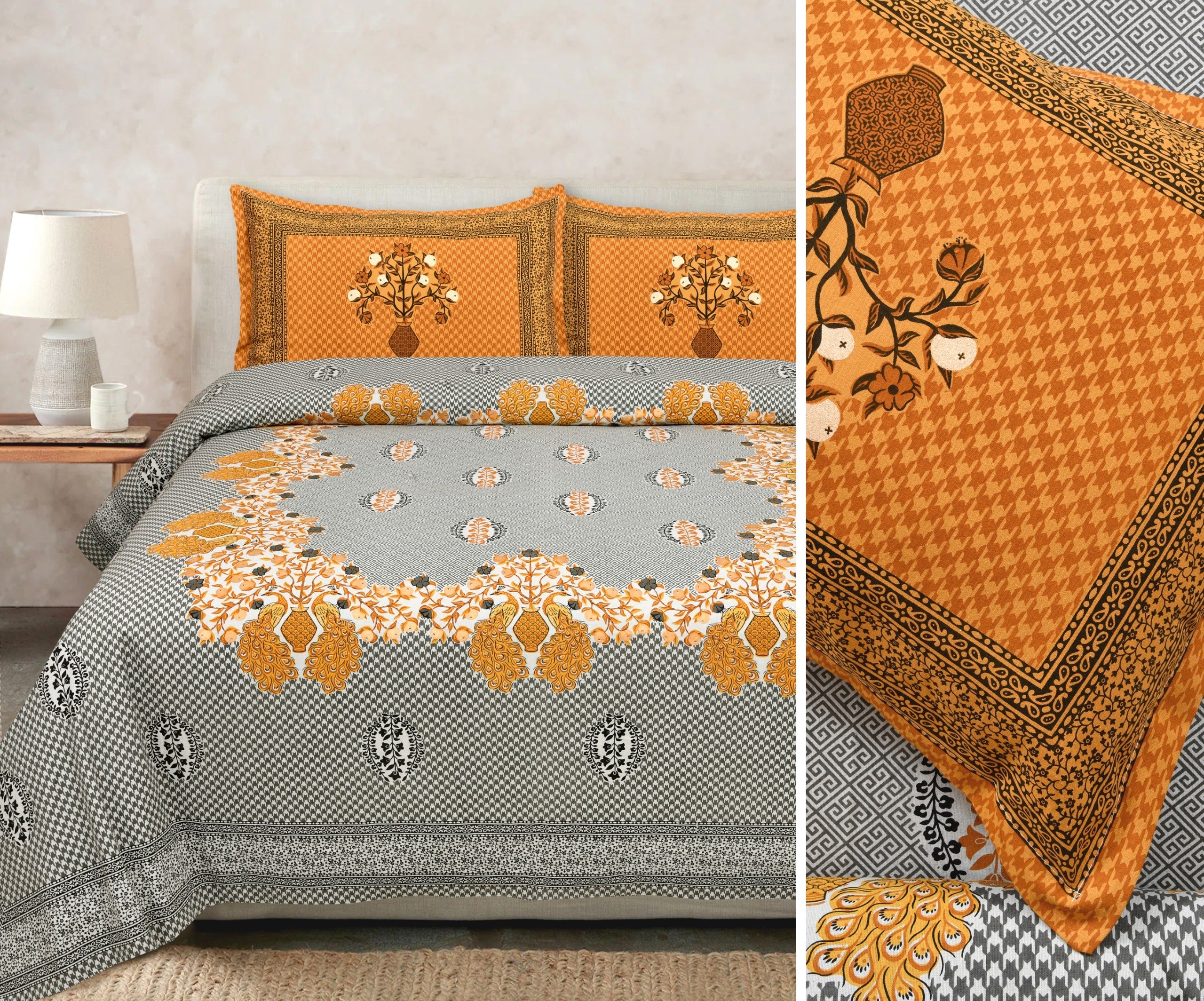 Gold Printed Cotton Bedsheet Set with Coordinating Pillow Covers