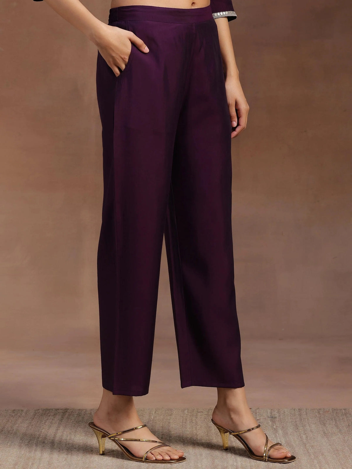 Anouk Purple Embroidered Silk Blend Straight Suit With Dupatta