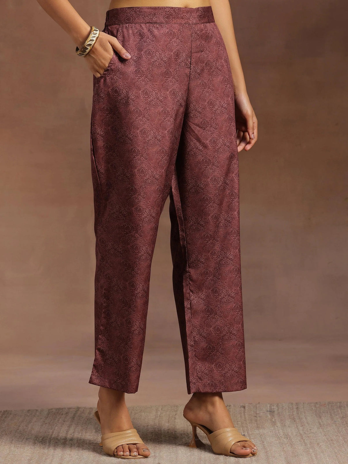 Anouk Brown Printed Poly Crepe Straight Kurta With Trousers