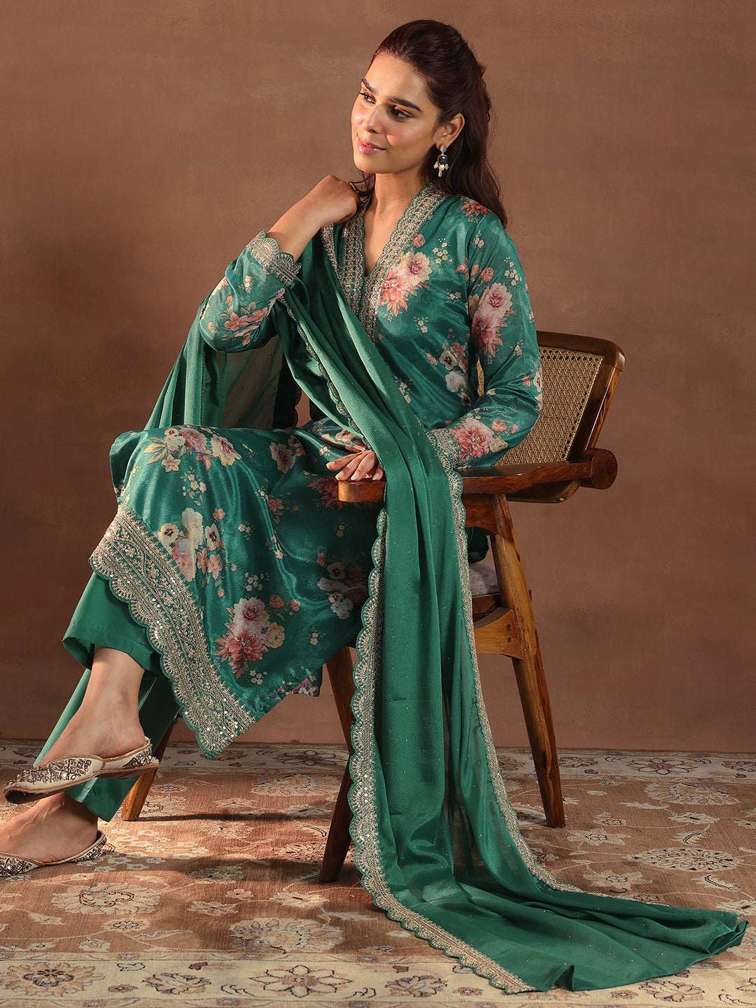 Anouk Green Printed Silk Blend Straight Suit With Dupatta