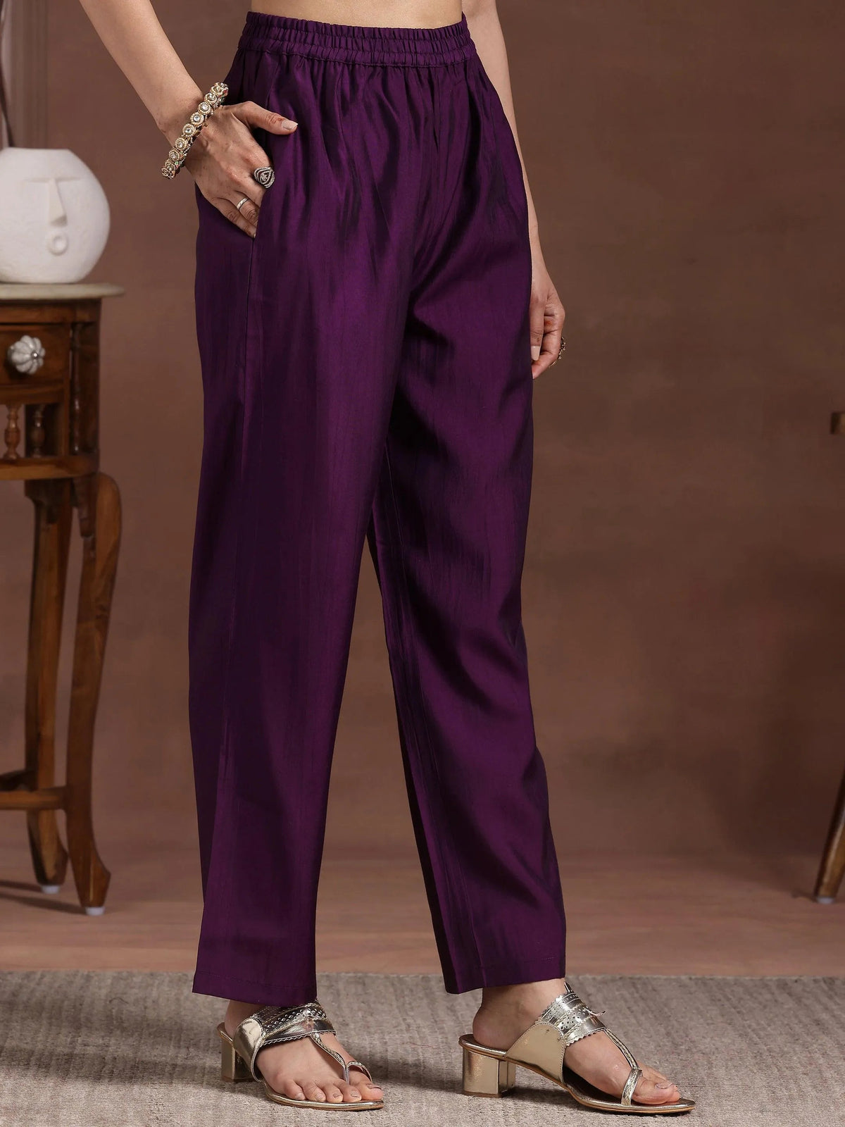 Anouk Wine Yoke Design Silk Blend Straight Suit With Dupatta