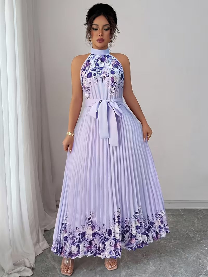 Elegant Floral Halter Neck Pleated Dress – Stylish & Comfortable Summer Outfit for Women