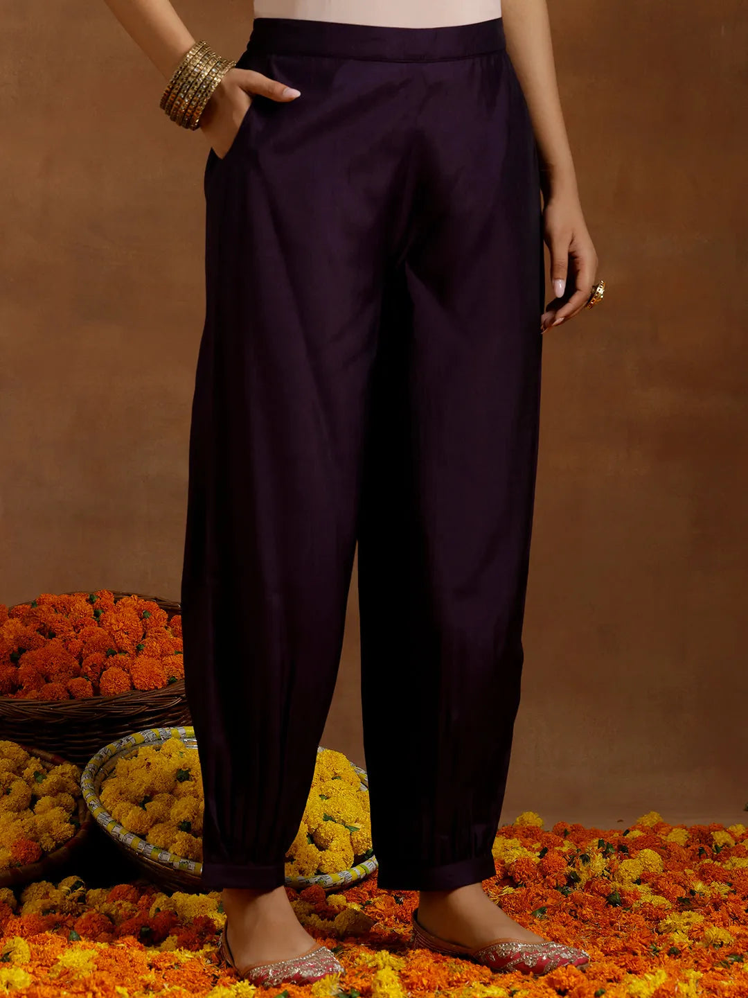 Anouk Purple Yoke Design Silk Blend Straight Suit With Dupatta