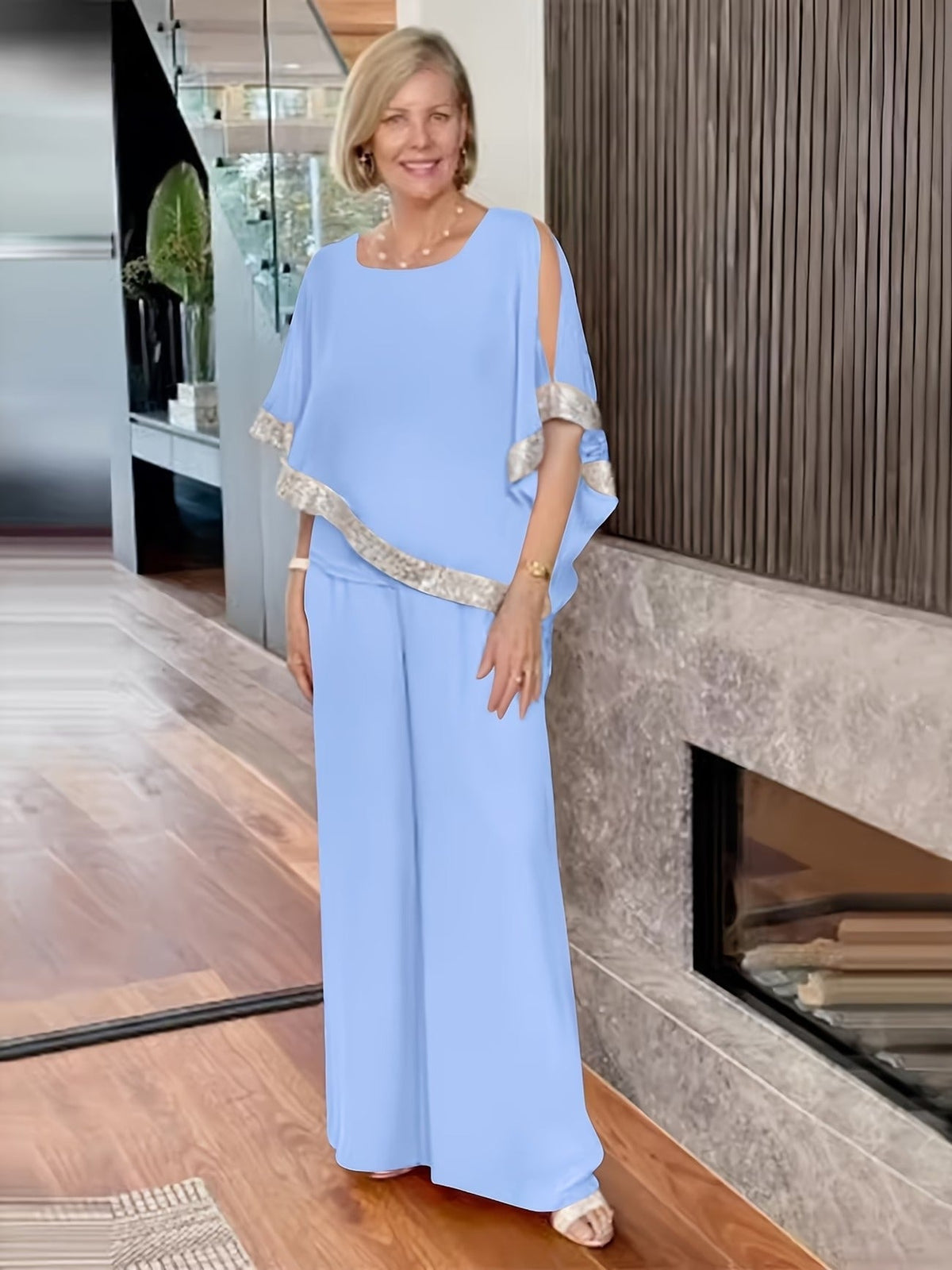 Women’s Sequin Color Block Batwing Top & Wide-Leg Pants Set – Elegant Spring Summer Party Outfit