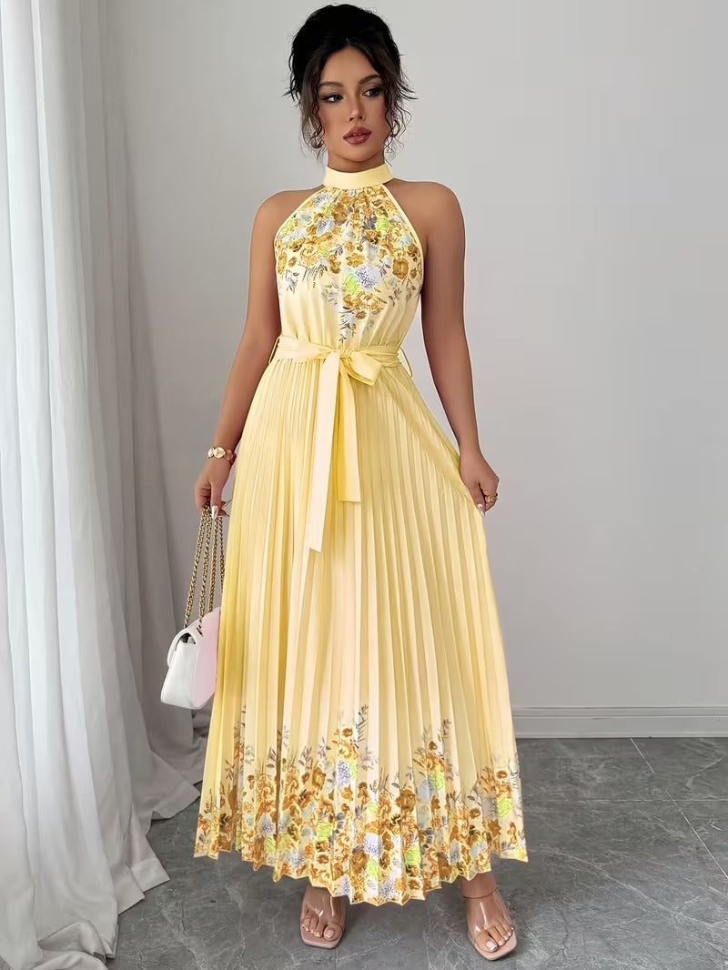 Elegant Floral Halter Neck Pleated Dress – Stylish & Comfortable Summer Outfit for Women