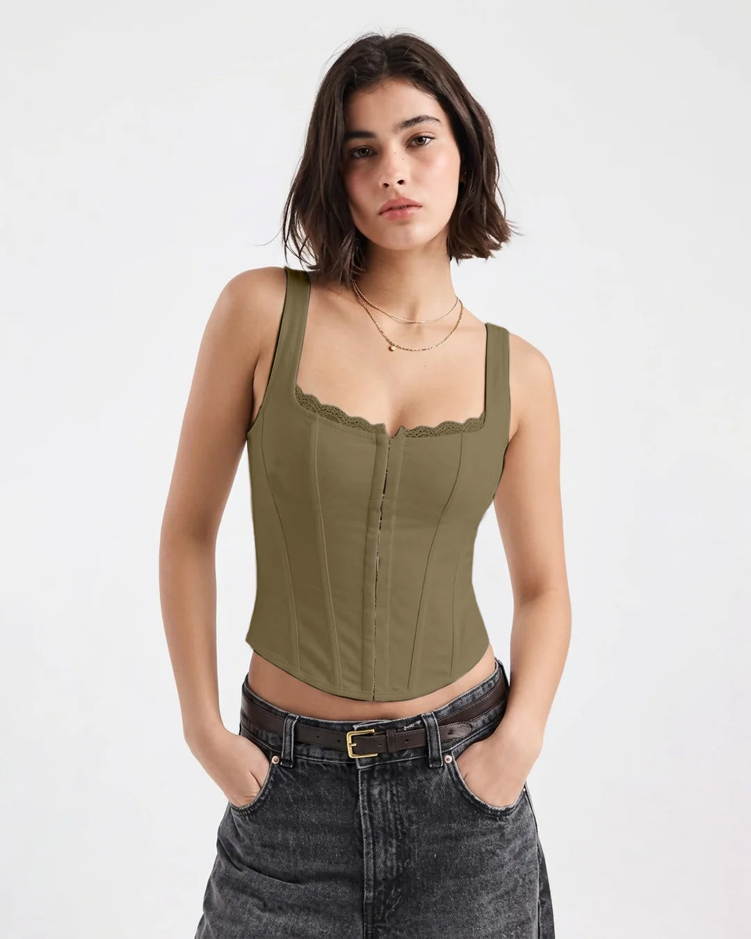 Structured Lace Trim Corset Top In Olive Green