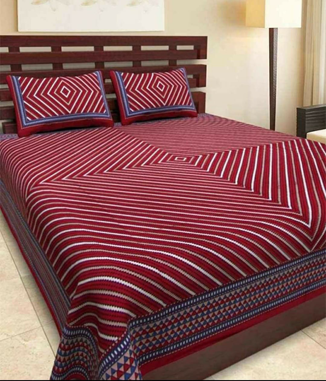 Jaipuri Double Bedsheet Set with Two Pillow Covers - 90x100 Size