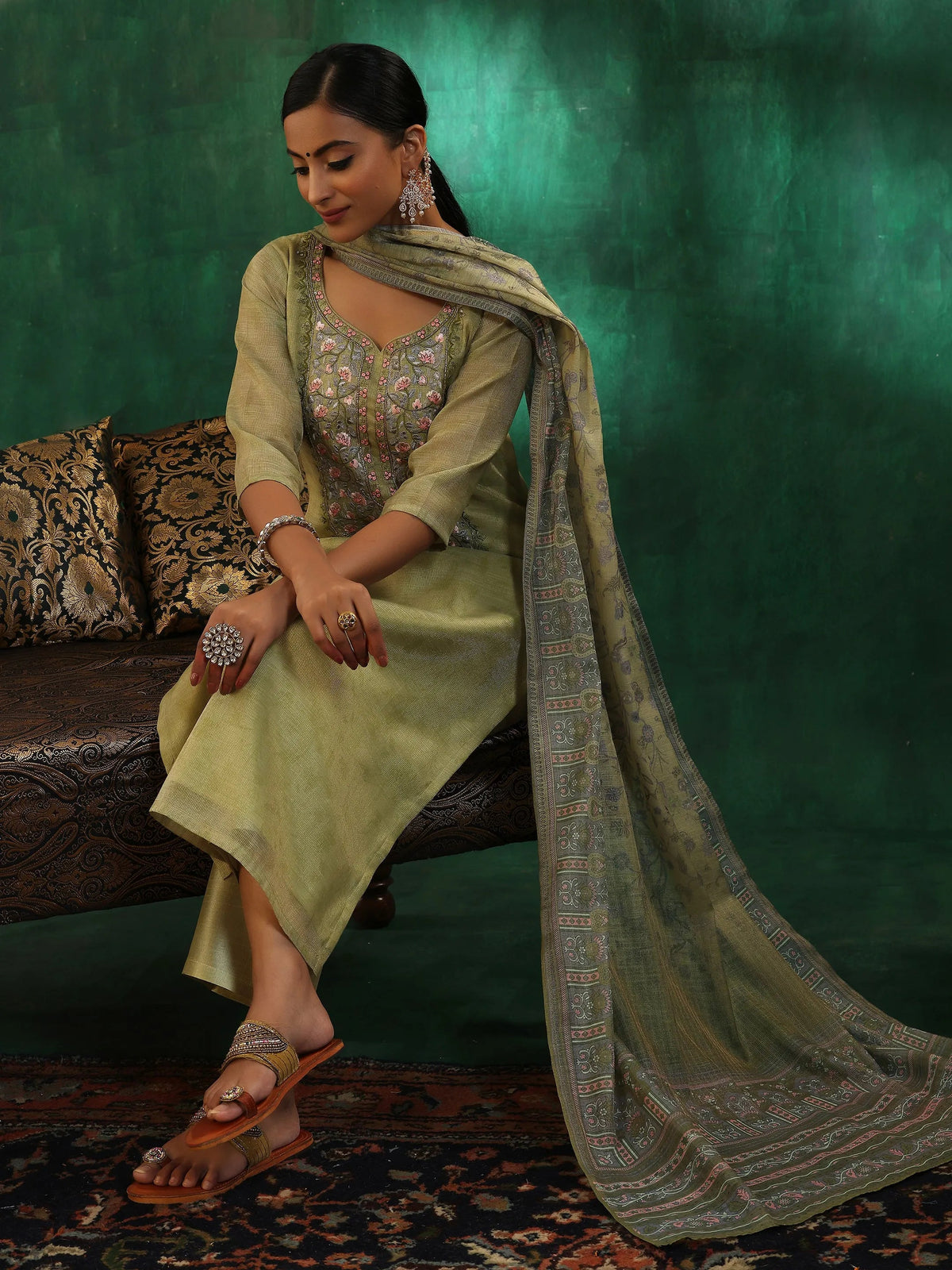 Anouk Green Yoke Design Silk Blend Straight Suit With Dupatta