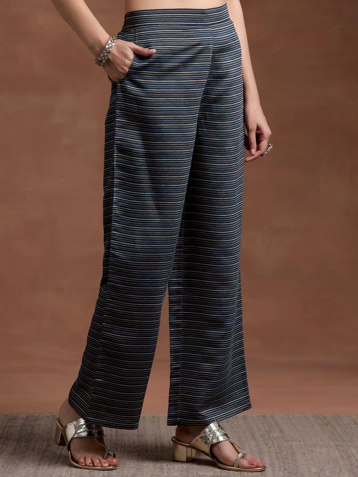 Anouk Blue Printed Silk Blend A-Line Kurta With Palazzos & Dupatta