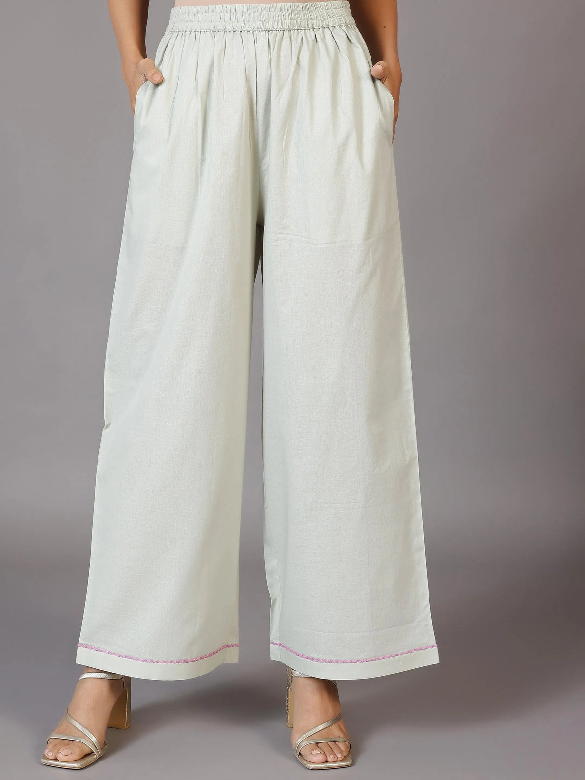 Anouk Grey Printed Cotton Blend A-Line Kurta With Palazzos & Dupatta