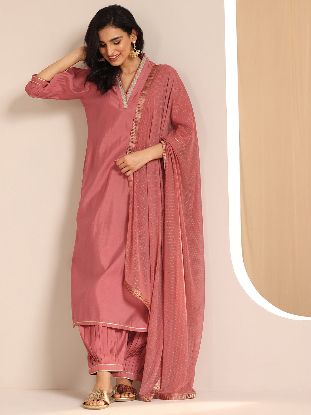 Anouk Peach Solid Silk Blend Straight Suit Set With Dupatta