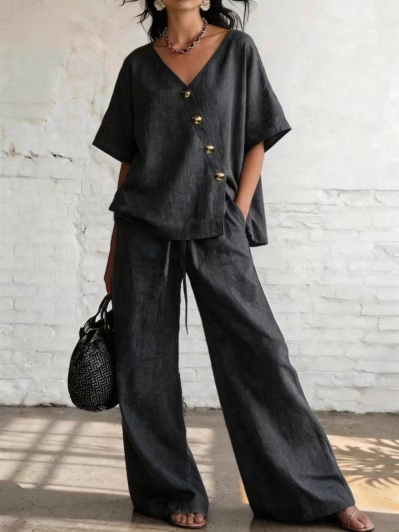 V-Neck Buttoned Top & Drawstring Wide-Leg Pants