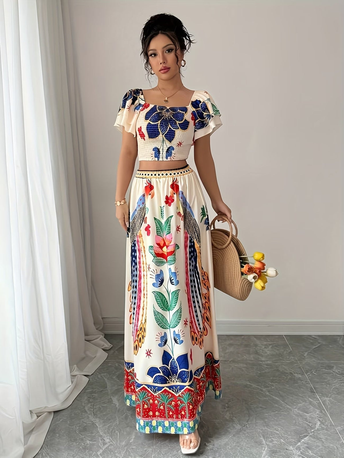 Women Summer Floral Top + Long Skirt Set