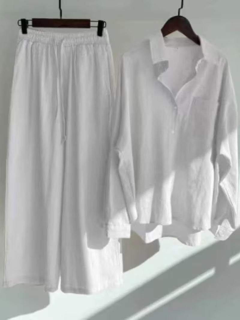 Vintage Linen Shirt Set with High-Waisted Wide-Leg Pants 2pcs Set