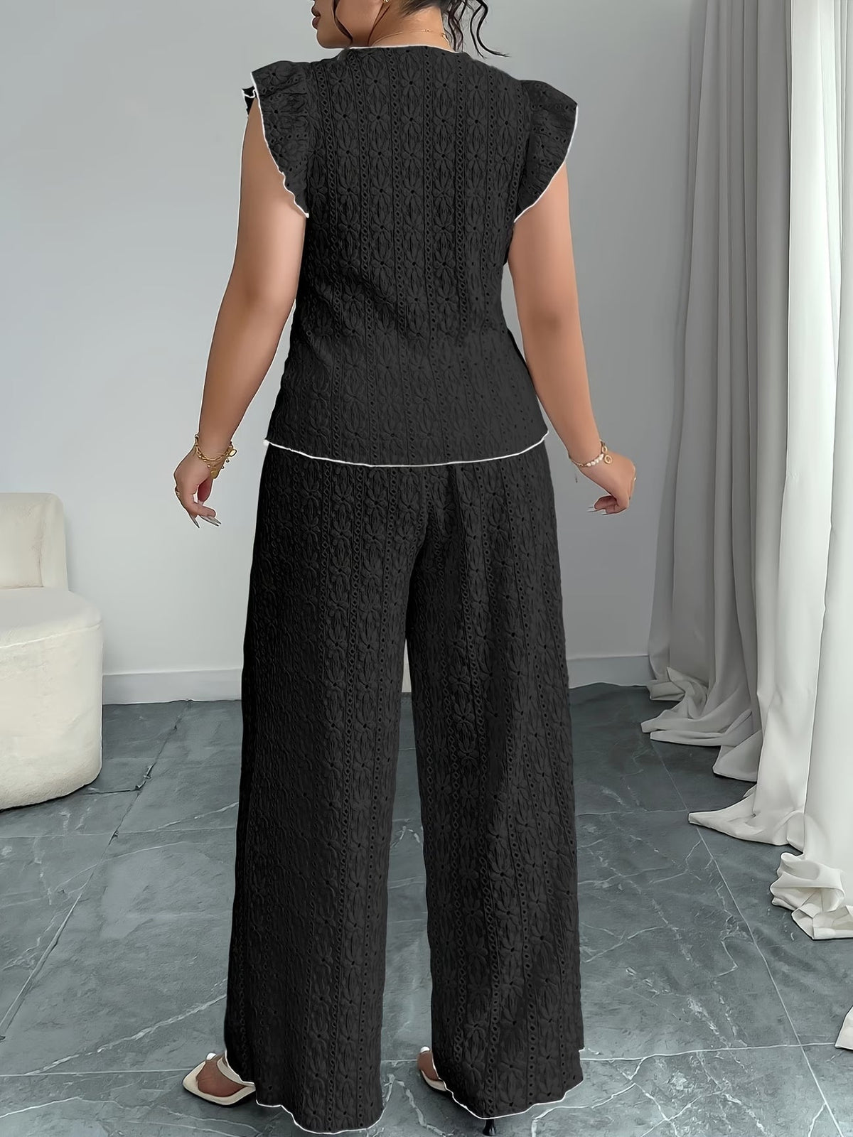 women Round Neck Mushroom Sleeve Top & Straight Pants