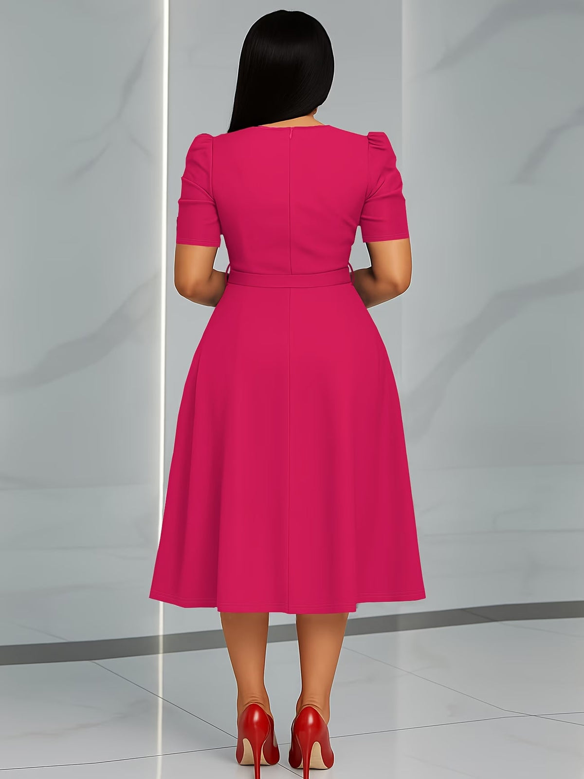 Women's Elegant V-Neck Ruffle Midi Dress with Waist Belt