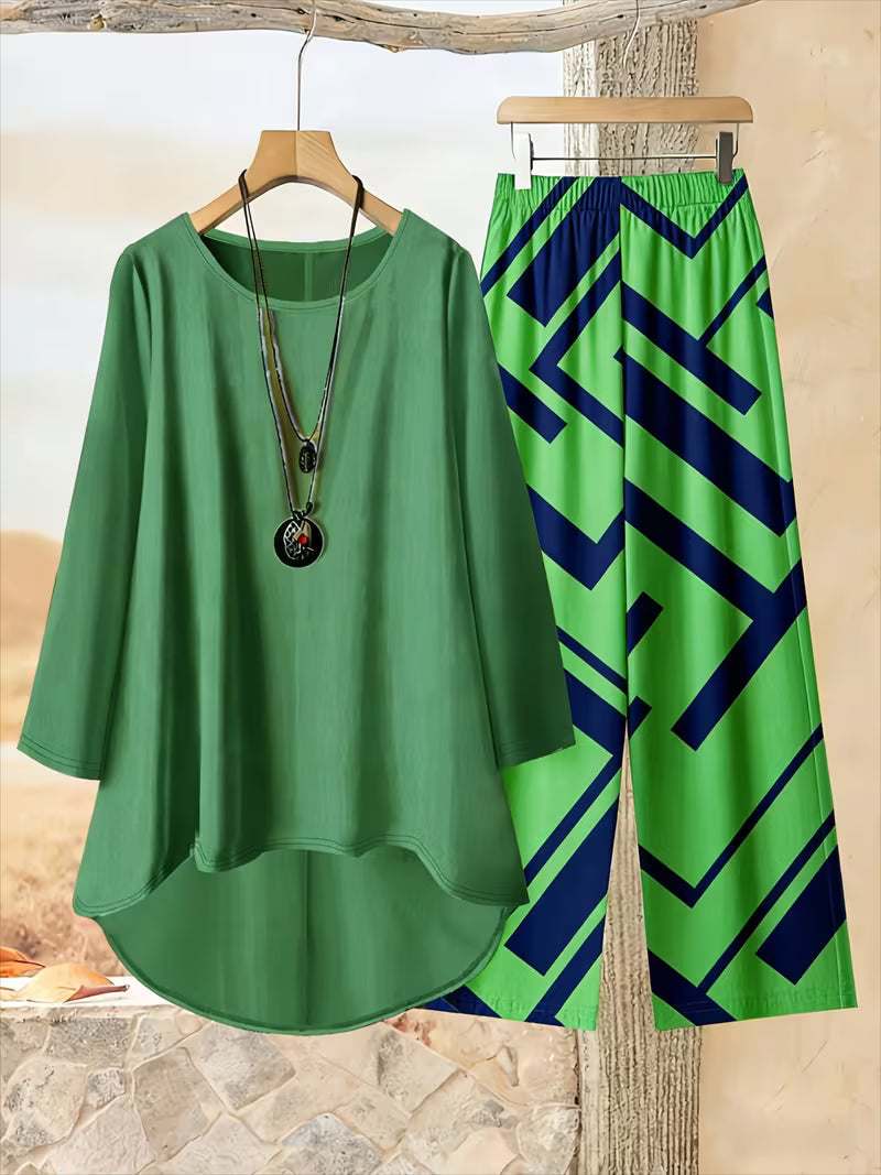Plus Size Women’s Loose Net Color Top & Printed Pants Set – 2pcs Casual Outfit