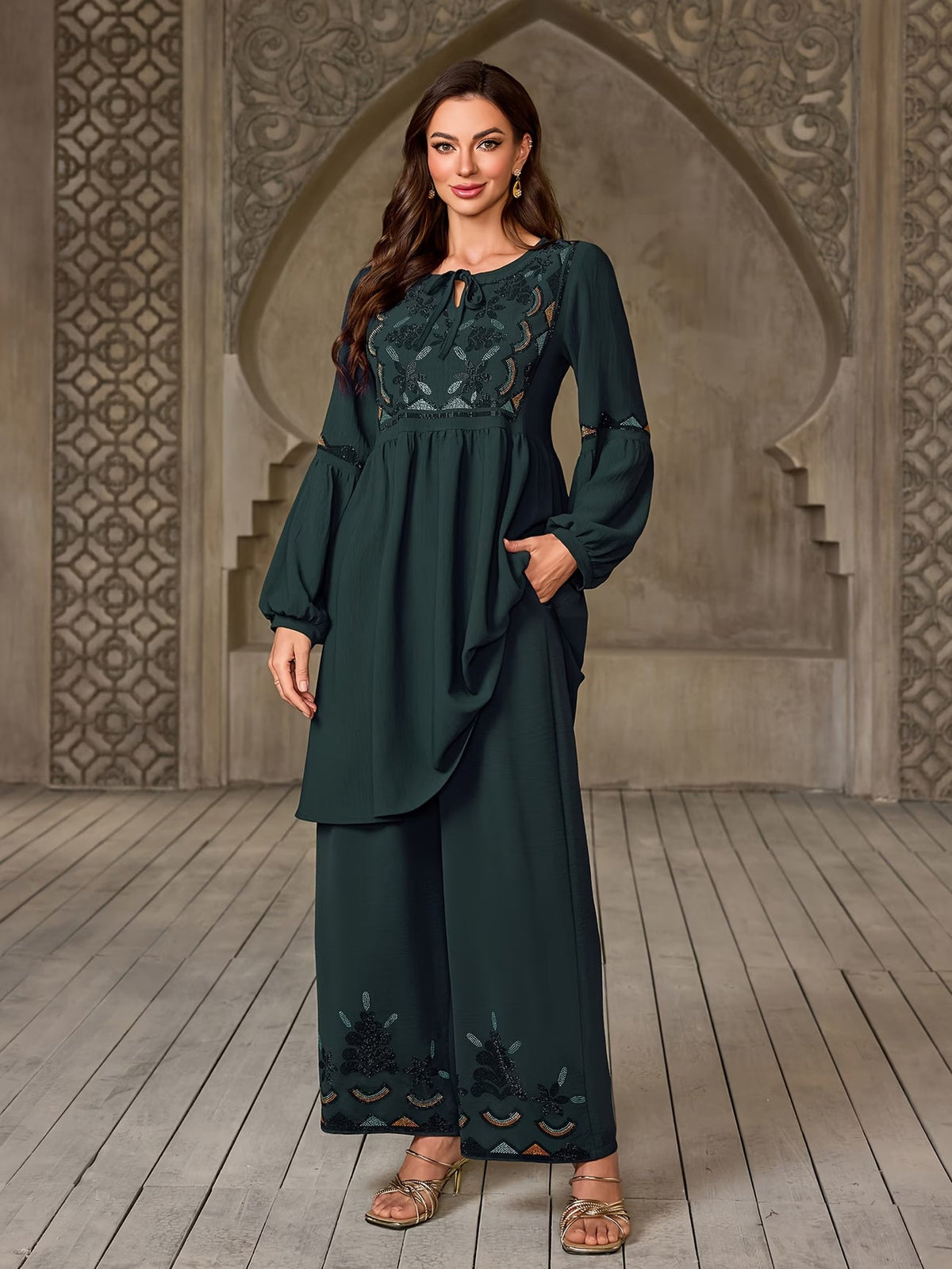 Women's Elegant Rhinestone Detail Long Sleeve Top & Wide-Leg Pants Set