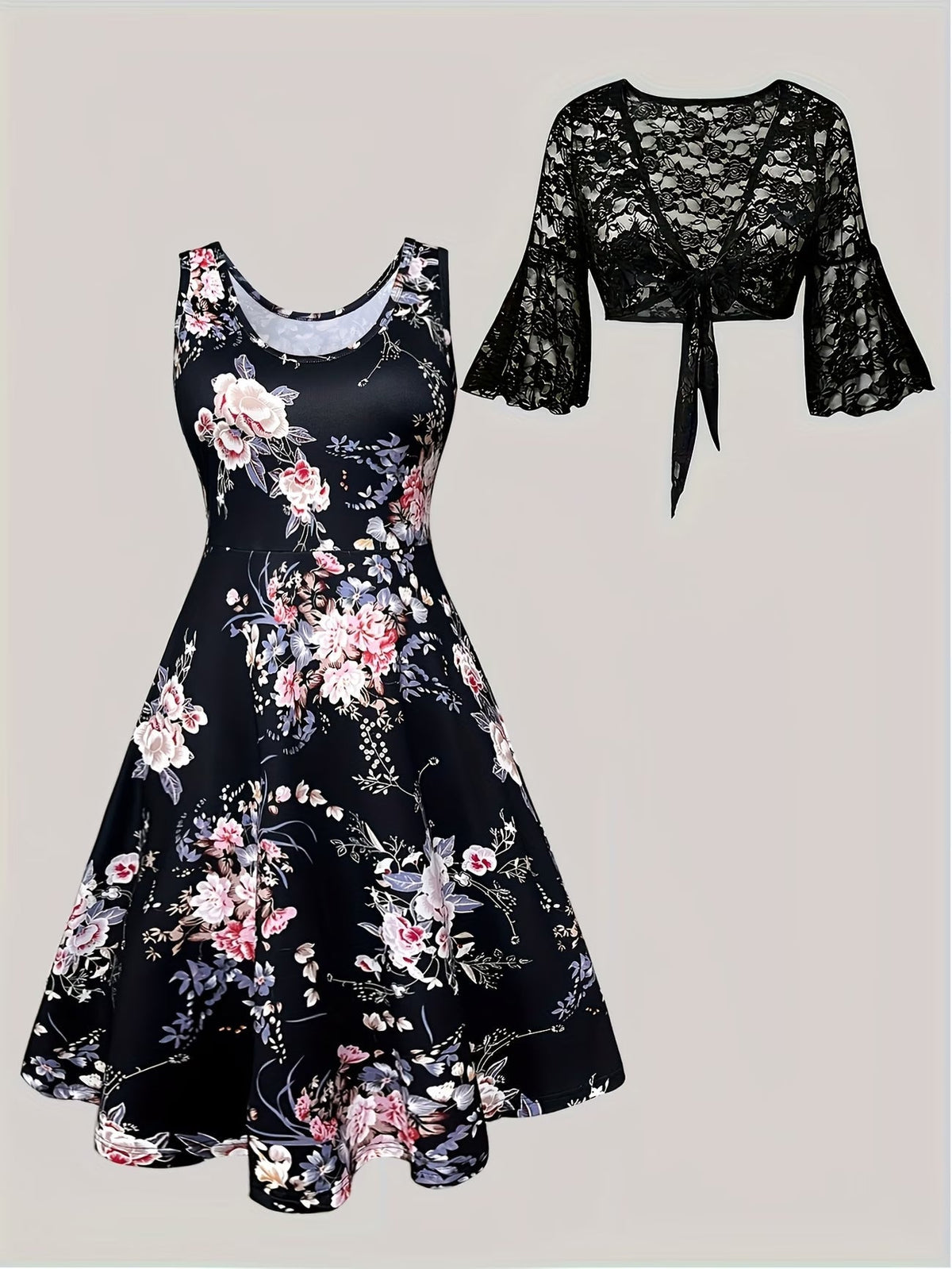 Plus Size Women Elegant Lace Coat & Printed Vest Dress 2-Piece Outfit Set