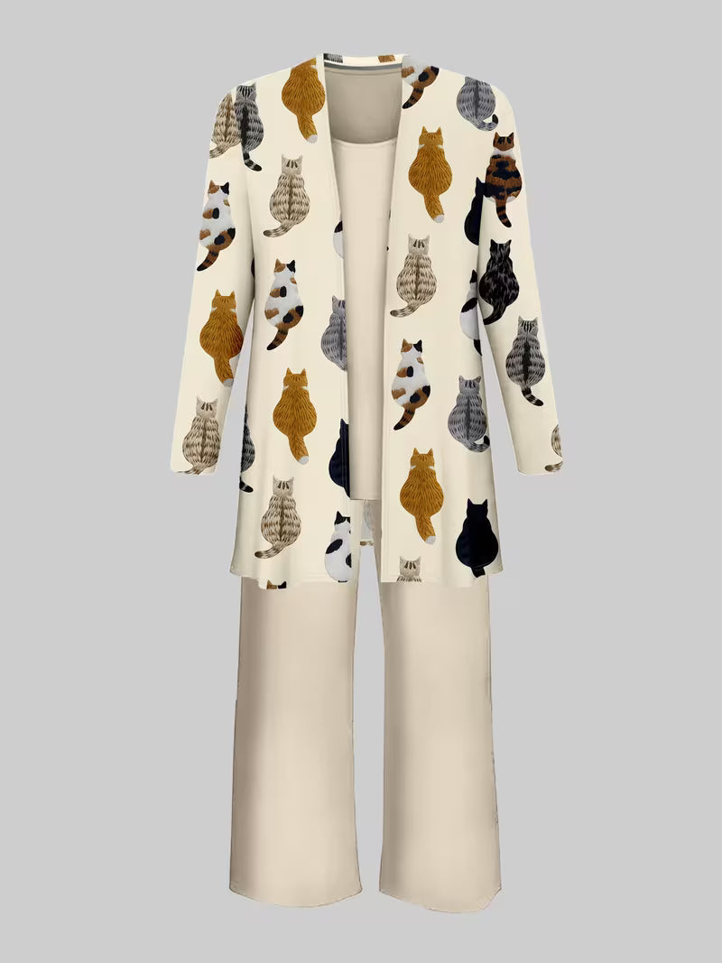 Women’s 3pcs Cat Print Jacket, Top & Pants Set