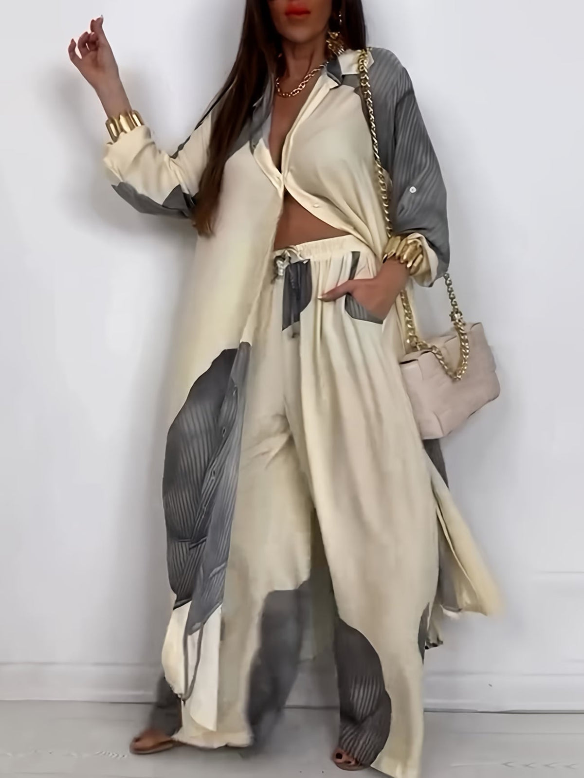Women's Printed Long Shirt & Relaxed Pants Two-Piece Set