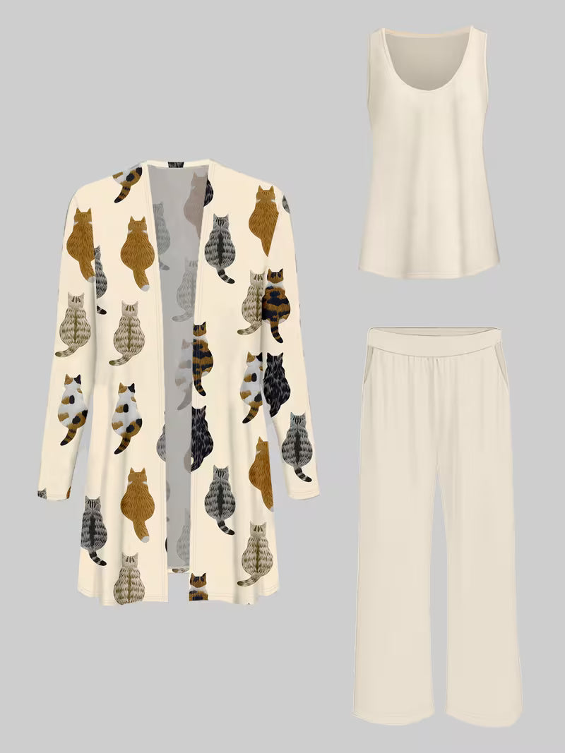 Women’s 3pcs Cat Print Jacket, Top & Pants Set
