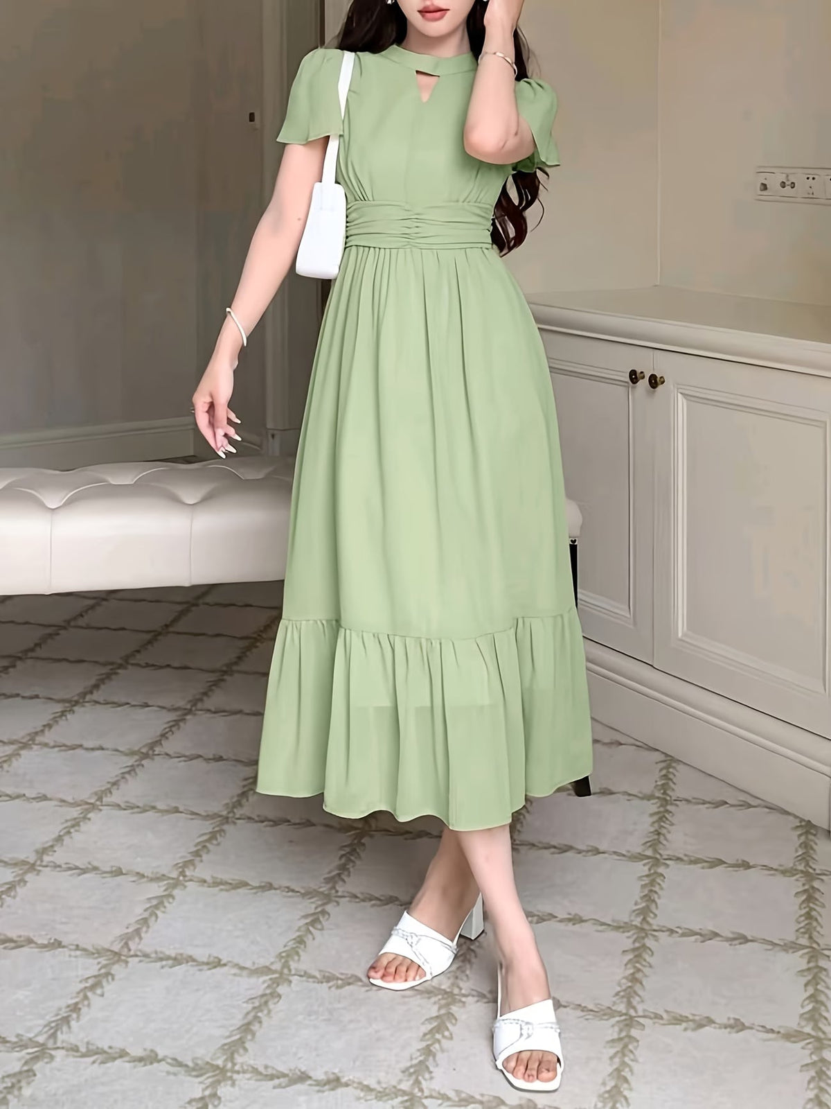 Women's Elegant Pleated Waist Ruffle Hem Maxi Dress